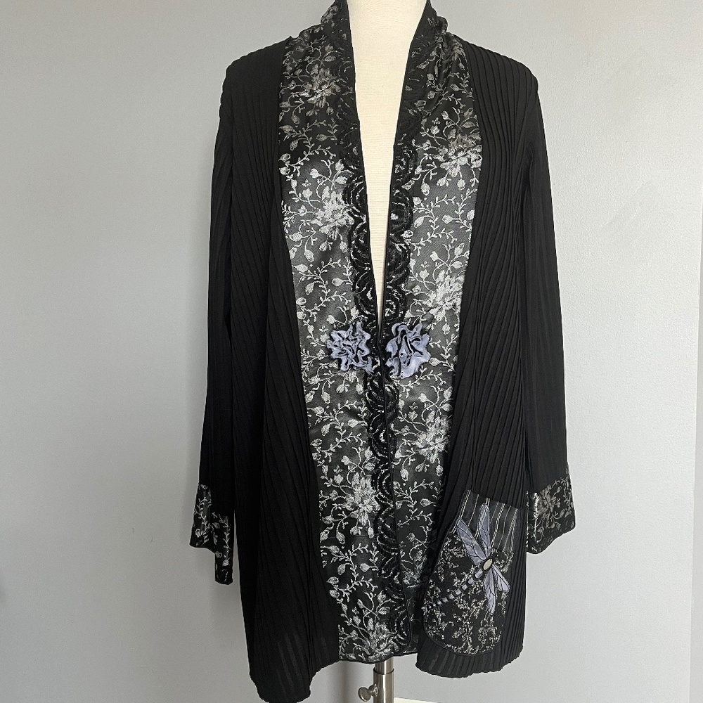 Lee Anderson Crinkled Open Jacket Kimono Dragonfly Applique‎ Flower Cover Duster
